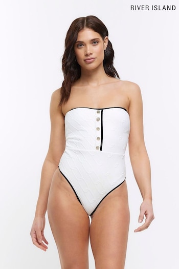 River Island Cream Textured Button Bandeau Swimsuit (D83685) | £37