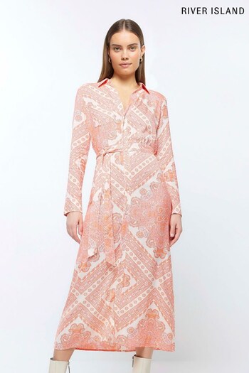 River Island Pink Paisley Print Shirt Belted Midi Dress (D83744) | £39