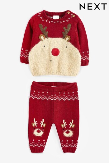 Red Reindeer Baby Knitted Jumper And Leggings Set (0mths-2yrs) (D83778) | £22 - £24