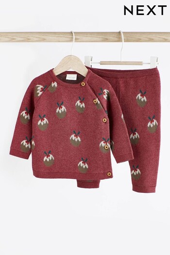 Red Christmas Pudding Baby Knitted Jumper And Leggings Set (0mths-2yrs) (D83780) | £22 - £24