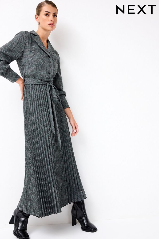 Grey Check Pleated Long Sleeve Midi Dress (D83795) | £72