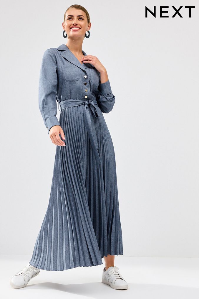 Blue Pleated Long Sleeve Midi Dress (D83798) | £70