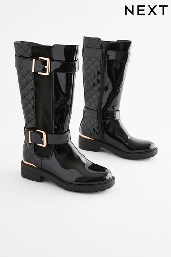 Black Patent Tall Quilted Buckle Boots (D83881) | £44 - £51