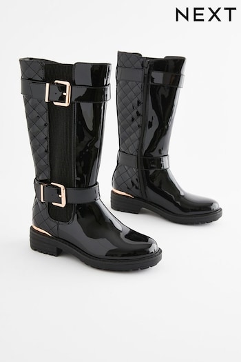 Black Patent Tall Quilted Buckle moments Boots (D83881) | £44 - £51