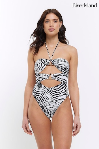 River Island White Animal Triangle Bandeau Swimsuit (D84126) | £39