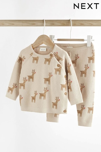 Neutral Reindeer Baby Knitted Jumper And Trousers Set (0mths-2yrs) (D84252) | £22 - £24