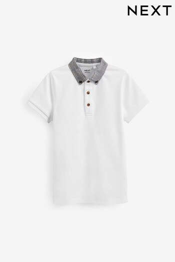 White Check Collar Short Sleeve Polo fuoco Shirt (3-16yrs) (D84299) | £10 - £15