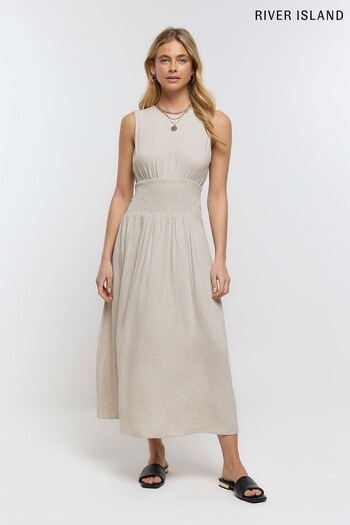 River Island Beige Linen Midi Dress ZS109 (D84453) | £40