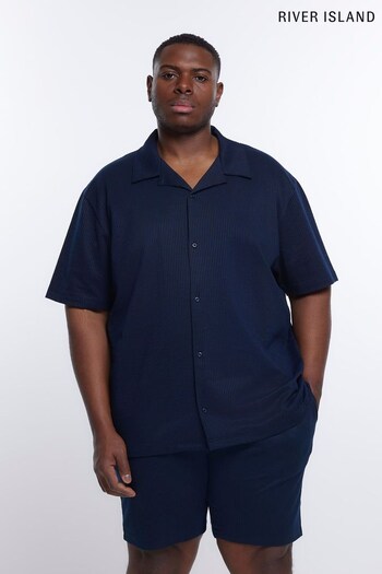 River Island Navy Blue Big & Tall Seersucker Revere Shirt (D84524) | £29