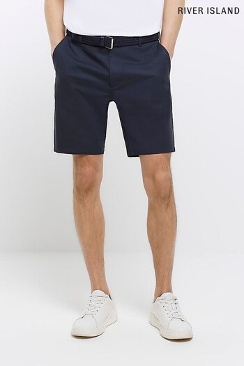 River Island Navy Blue Belted Chino Shorts (D84527) | £33