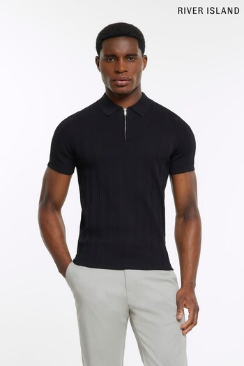 River Island Black Muscle Rib Knit accessories Polo (D84547) | £29
