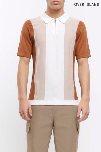 River Island Ecru Cream Slim Fit Knitted Colour Block accessories Polo Shirt (D84550) | £33