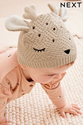 Beige Brown Reindeer Knit Hat (0mths-2yrs) (D84644) | £8