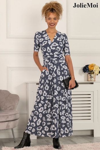Jolie Moi Blue Evita Floral Print Maxi Jersey Dress Straight (D84648) | £85