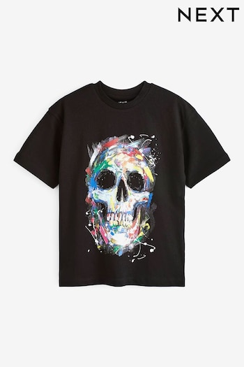 Black Painted Skull Short Sleeve Graphic T-Shirt (3-16yrs) (D84658) | £7 - £12