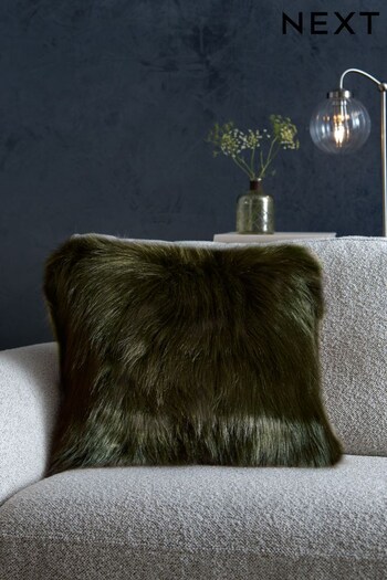 Dark Green Long Faux Fur Square Cushion (D84717) | £18
