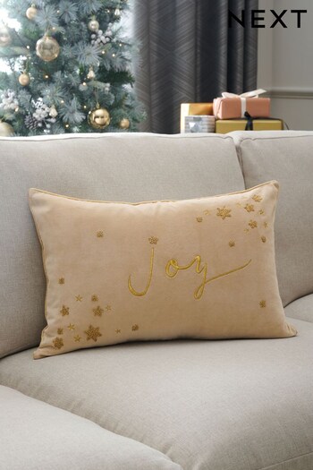 Natural Embroidered Joy Christmas Cushion (D84757) | £20