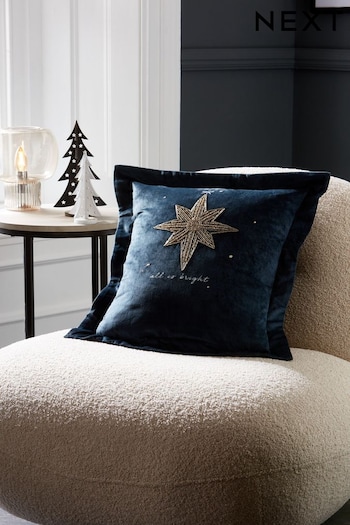 Navy Blue Embellished Christmas Star Cushion (D84758) | £20