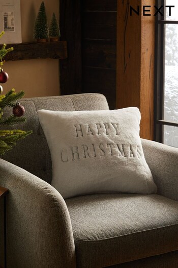 Grey Happy Christmas Fur Cushion (D84759) | £16