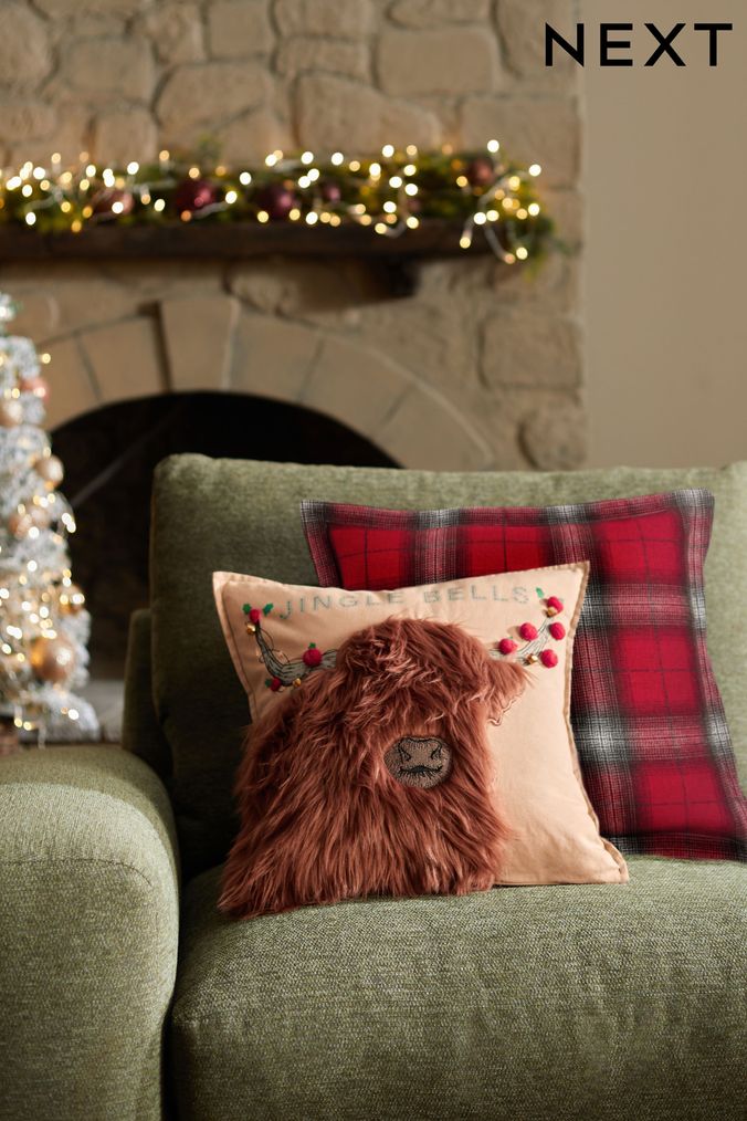 Natural Christmas Hamish The Highland Cow Jingle Bells Cushion (D84771) | £20