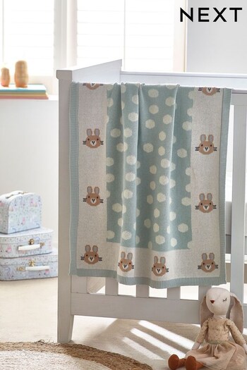 Teal Blue Bunny Baby 100% Cotton Knitted Blanket (D85179) | £24