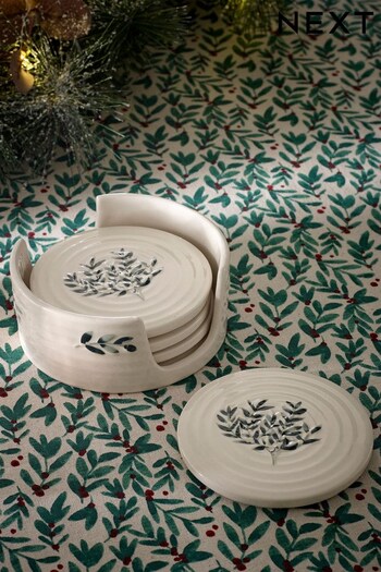 Set of 4 Cream Christmas Mistletoe Ceramic Coasters (D85189) | £16