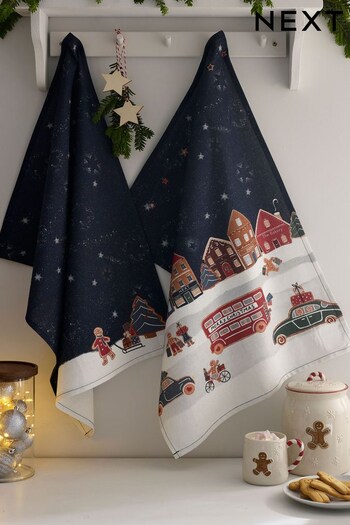 Set of 2 Navy Christmas Gingerbread Scene Tea Towels (D85370) | £9