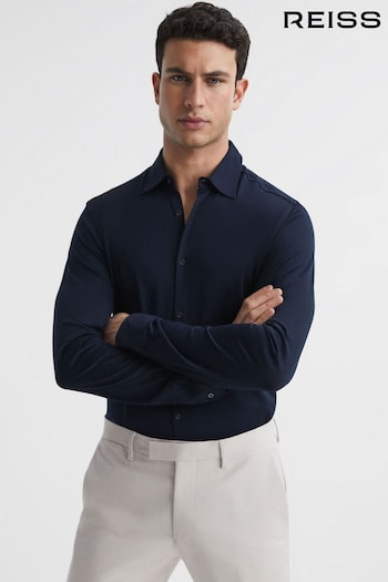 Reiss Navy King Mercerised Cotton Button-Through Shirt (D85479) | £78