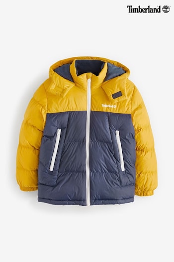Timberland Yellow And Navy Logo Hooded Puffer Coat (D85628) | £99 - £108