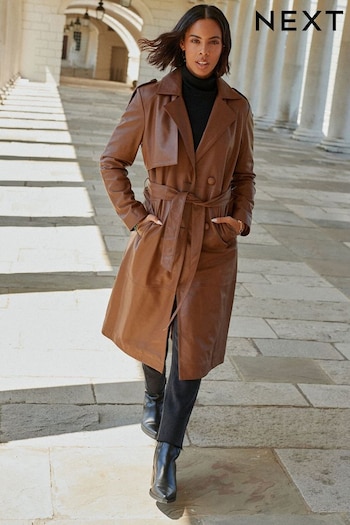 Tan Brown Leather Trench Coat (D85982) | £290