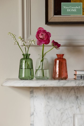 Nina Campbell Set of 3 Clear, Coral And Jade Meadow Embossed Glass Bud Vases (D86104) | £25