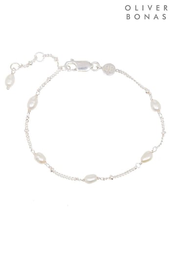 Oliver Bonas Lucy White Mila Freshwater Pearl Silver Chain Bracelet (D86390) | £39.50