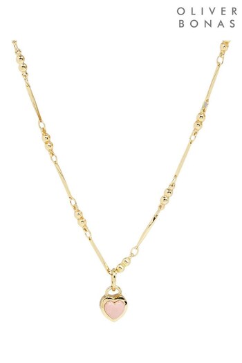 Oliver Bonas Pink Bryn Heart Rose Quartz Gold Plated Pendant Necklace (D86396) | £59.50