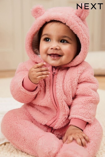 Pink Cosy Fleece Bear Baby Pramsuit (0mths-2yrs) (D86398) | £18 - £20