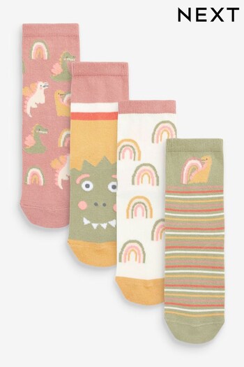 Dusky Pink, Ochre and Green 4 Pack Cotton Rich Dinosaur Character Ankle Socks (D86404) | £6.50 - £8.50