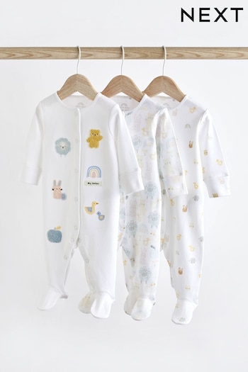 White Delicate Appliqué Baby Sleepsuits 3 Pack (0-2yrs) (D86557) | £20 - £22