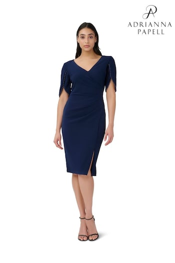 Adrianna Papell Blue Knit Crepe Pearl Trim Dress (D86844) | £149