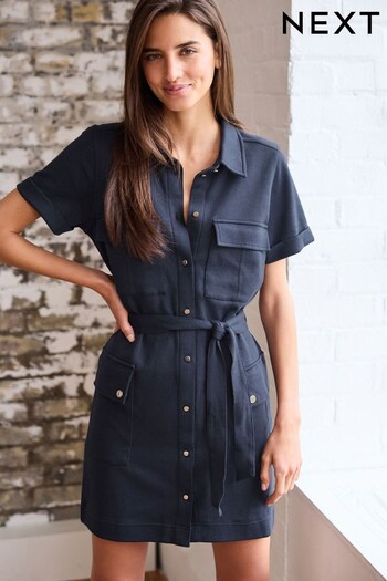 Navy Blue Short Sleeve Dog Shirt Dress (D86874) | £36