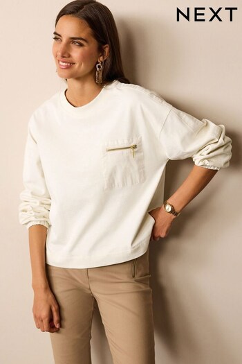 Ecru White Utility Pocket Detail Long Sleeve Dropped Shoulder Sweatshirt (D86887) | £32