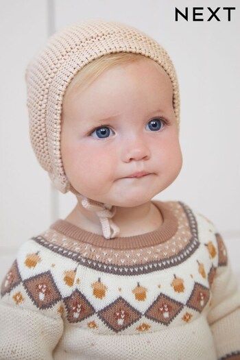 Pale Mink Brown Knitted Bonnet Baby Hat (0mths-2yrs) (D87073) | £6
