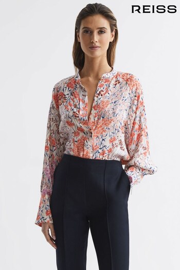 Reiss Coral/White Hallie Meadow Print Split Cuff Shirt (D87079) | £148