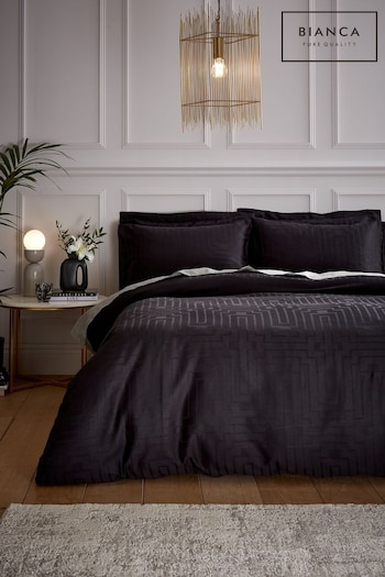 Bianca Black Satin Geo Jacquard Cotton Duvet Cover and Pillowcase Set (D87181) | £30 - £65