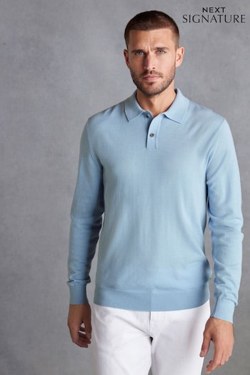 Blue Regular Signature Merino Long Sleeve Polo Shirt (D87219) | £39