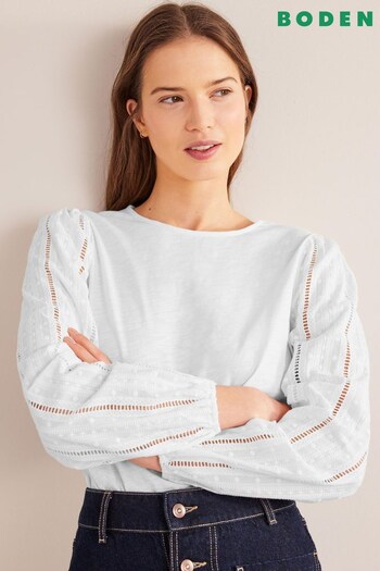 Boden White Crew Neck Broderie Sleeve Top (D87351) | £65