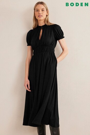 Boden Black Ruched Jersey Midi Tea Dress (D87425) | £95