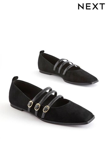 Black Forever Comfort® Triple Strap Square Toe Flat Shoes (D87533) | £48