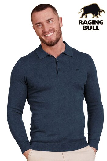 Raging Bull Blue Long Sleeve Knitted Polo Tall (D87697) | £59 - £64