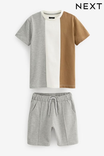 Grey/Tan Brown Colourblock T-Shirt And Shorts Set (3-16yrs) (D87720) | £19 - £25