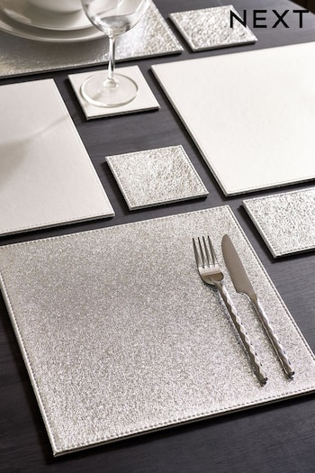 Silver Metallic Faux Leather Set of 4 Placemats & Coasters (D87741) | £22