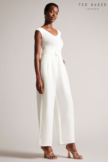 Ted Baker Tabbiaa White Off The Shoulder Wide Leg Jumpsuit (D88032) | £195